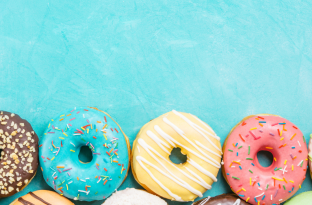 donuts on a light blue background table
