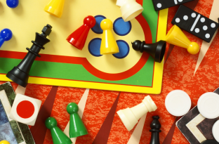 Colorful assortment of board game pieces 